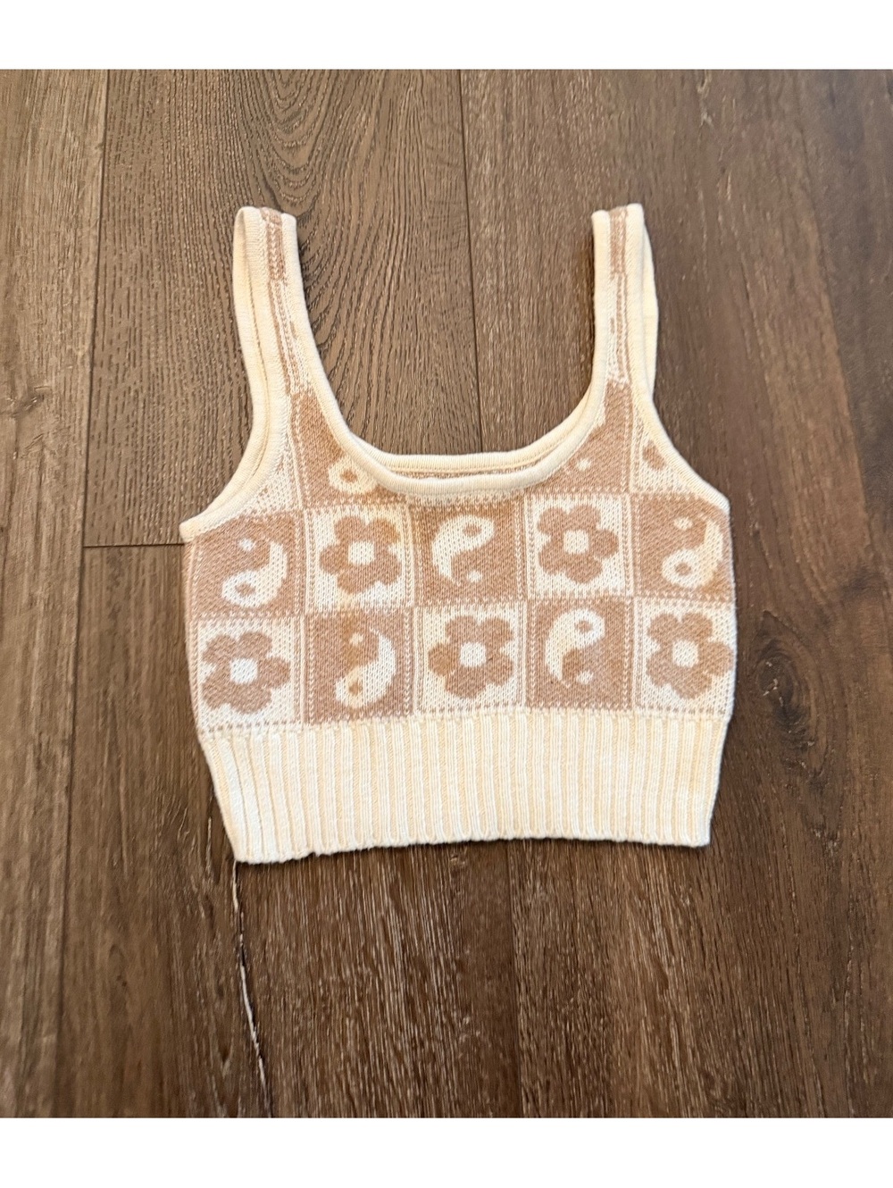 American Eagle Knit Sweater Tank Top Floral Smiley Crop XS Beige